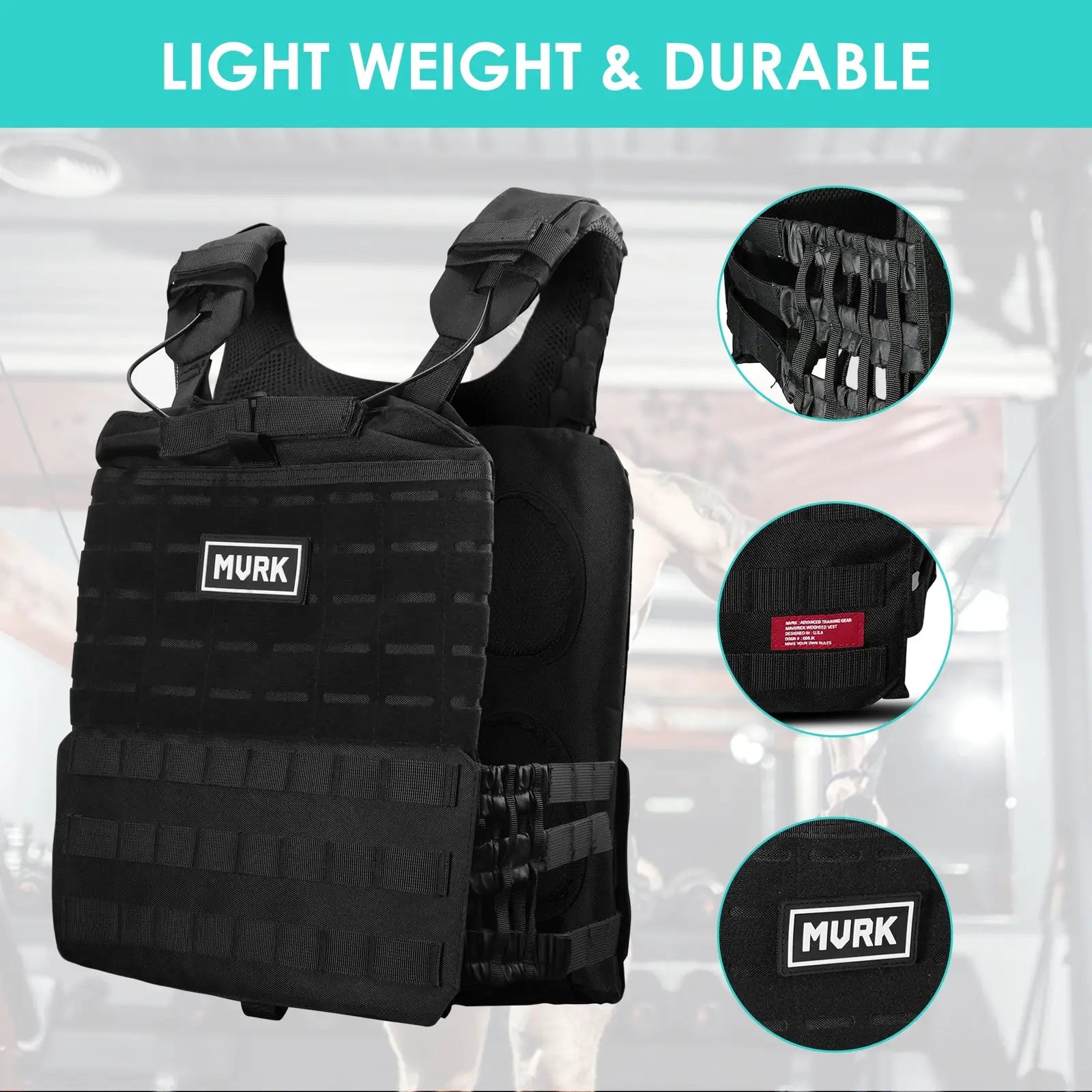 Black tactical vest with MOLLE webbing and MVRK logo.