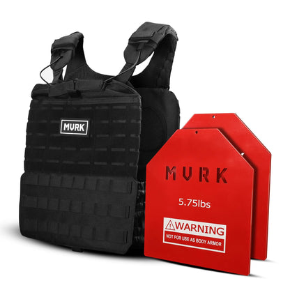 Black tactical MOLLE vest with red MVRK steel targets.