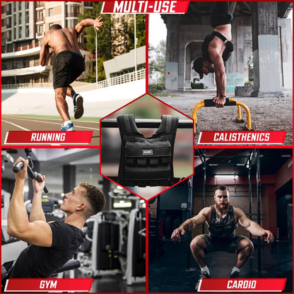 Multi-use weight vest shown with running, calisthenics, gym, and cardio scenes.