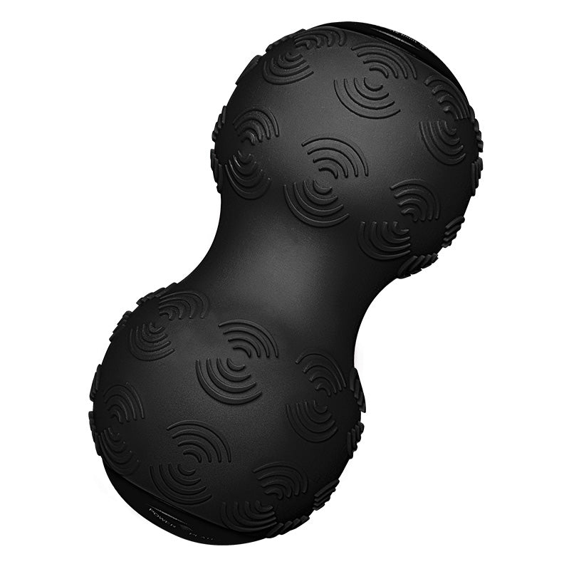Black massage ball with a unique textured surface, shaped like a peanut, designed for muscle relief and trigger point therapy.
