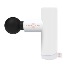 A white massage gun with a black spherical head, featuring the Power Plate logo on the side.