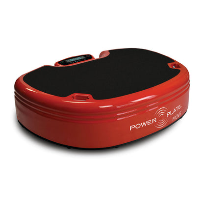 A red Power Plate MOVE vibration training platform with a black textured surface and a digital display on top, designed for fitness workouts.