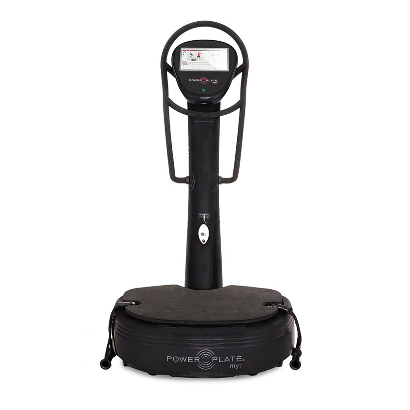 Power Plate my7 vibration training machine with a digital display and handlebar, designed for fitness and rehabilitation.