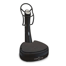 A black Power Plate machine designed for vibration training, featuring a flat platform and a handle with control buttons for setting workout parameters.