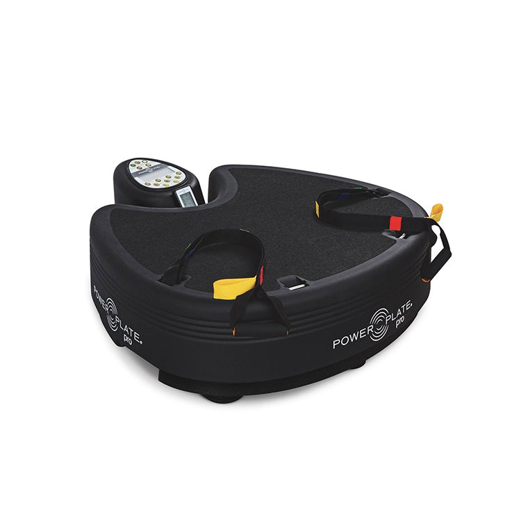 Power Plate Pro, a black vibration training platform with adjustable straps and a digital control panel, designed for fitness and rehabilitation.