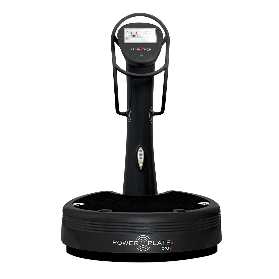 A Power Plate Pro7 vibration training machine with a digital display and a sturdy base, designed for enhancing fitness and muscle recovery.