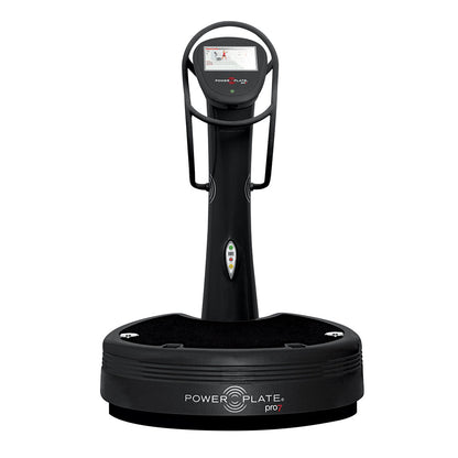A Power Plate Pro7 vibration training machine with a digital display and a sturdy base, designed for enhancing fitness and muscle recovery.