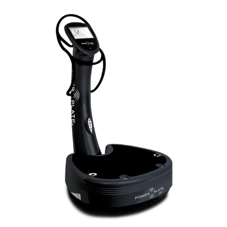 A black Power Plate vibration training machine featuring a digital display and handles for stability, designed for fitness and rehabilitation exercises.