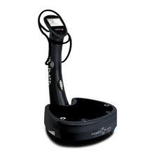 A black Power Plate vibration training machine featuring a digital display and handles for stability, designed for fitness and rehabilitation exercises.