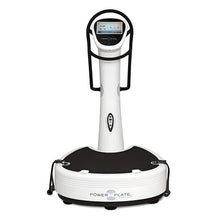 A Power Plate vibration training machine featuring a black platform and a digital control panel on a white vertical post with handles on either side.