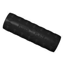 Black foam roller with textured surface and POWER PLATE branding, designed for fitness and recovery exercises.
