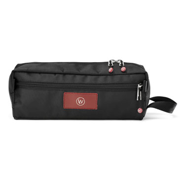 Black zippered pencil case with red logo patch and small loop.