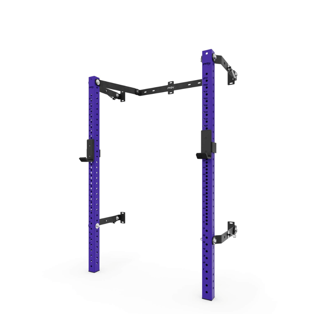 Purple and black folding squat rack with dual vertical uprights, perforated holes for adjustable accessories, black horizontal cross member, and safety arms on both sides.