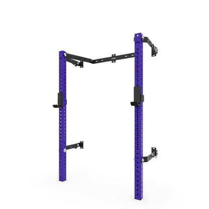 Purple and black folding squat rack with dual vertical uprights, perforated holes for adjustable accessories, black horizontal cross member, and safety arms on both sides.