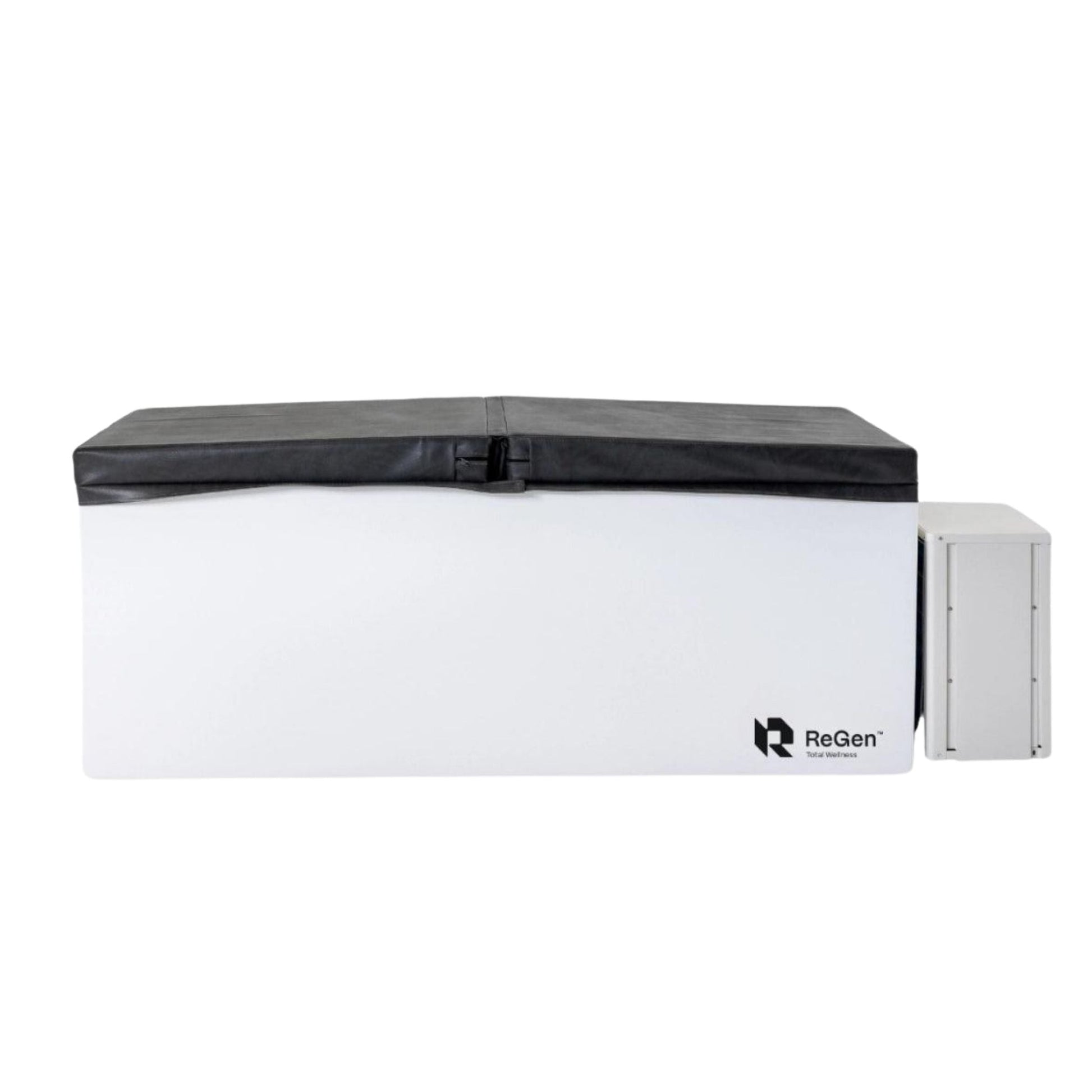 ReGen cold plunge tub with a sleek white design and black cover for optimal recovery and relaxation.