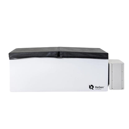 ReGen cold plunge tub with a sleek white design and black cover for optimal recovery and relaxation.