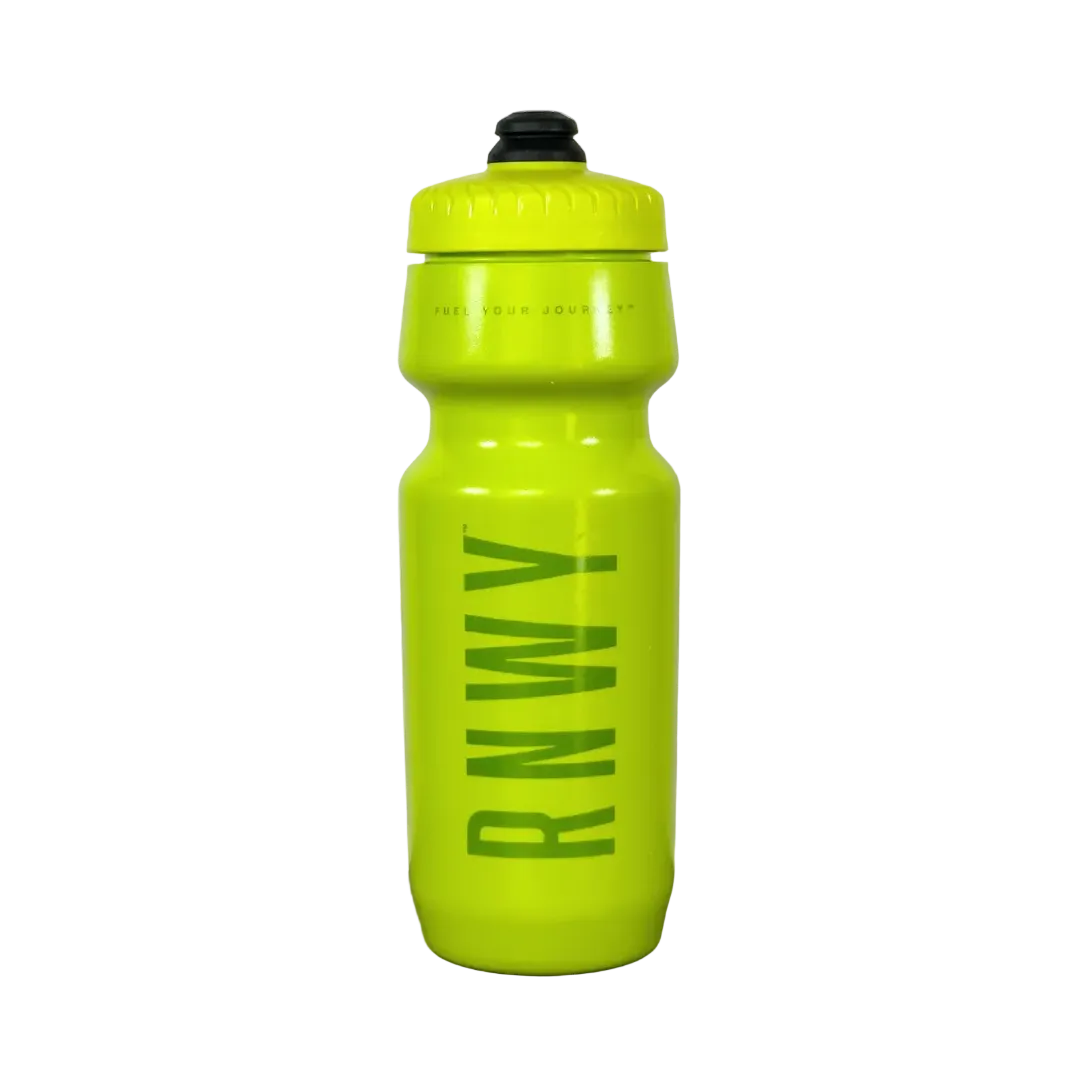 Bright neon yellow sports water bottle with black flip-top cap and textured grip zones on the body.