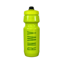 Bright neon yellow sports water bottle with black flip-top cap and textured grip zones on the body.
