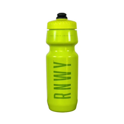 Bright neon yellow sports water bottle with black flip-top cap and textured grip zones on the body.