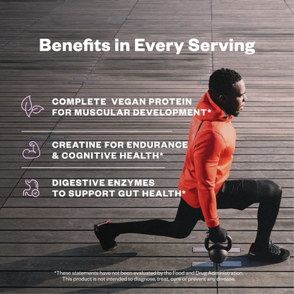 Man performing a lunge with kettlebell against a wooden wall backdrop, wearing a bright red jacket and black pants. Text overlays list benefits including complete vegan protein, creatine, and digestive enzymes.