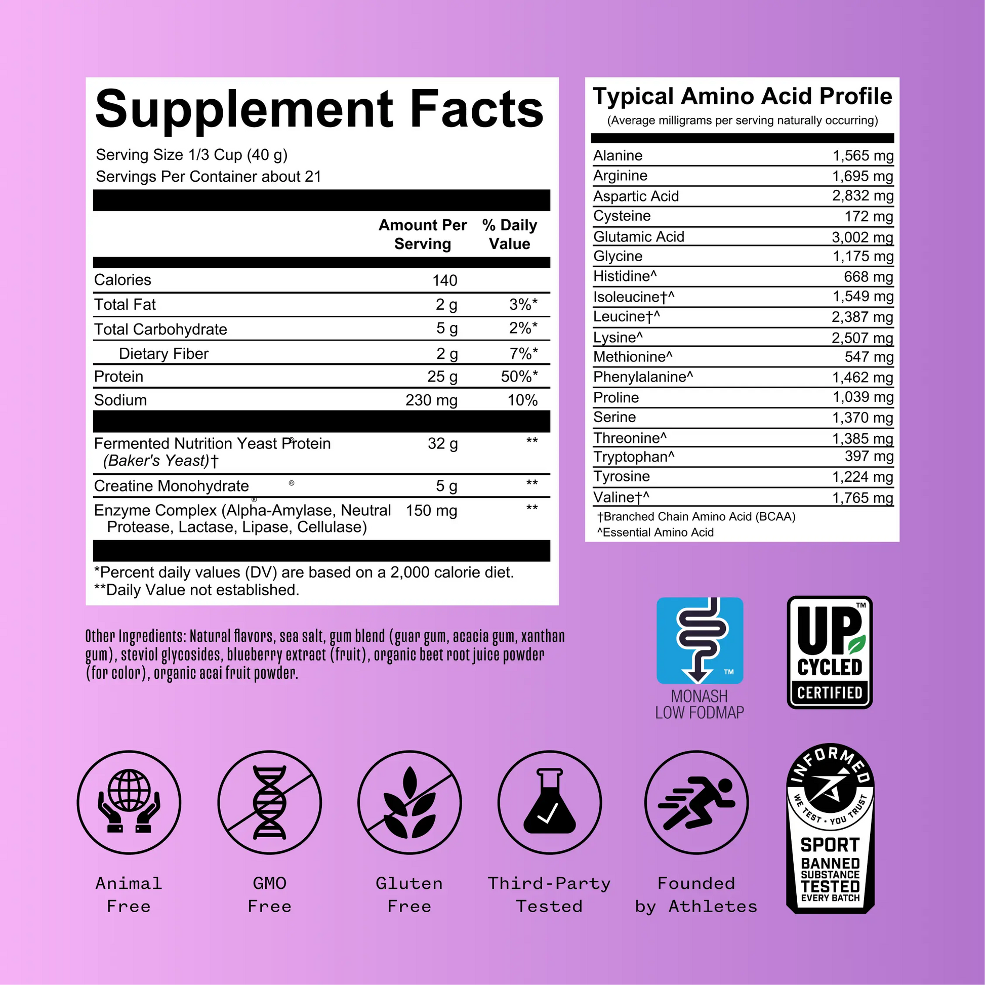 Supplement Facts label and Typical Amino Acid Profile for a complete protein powder on a purple background, showing 25g protein per serving, 140 calories, and various amino acids with certifications for animal-free, GMO-free, gluten-free, third-pa...