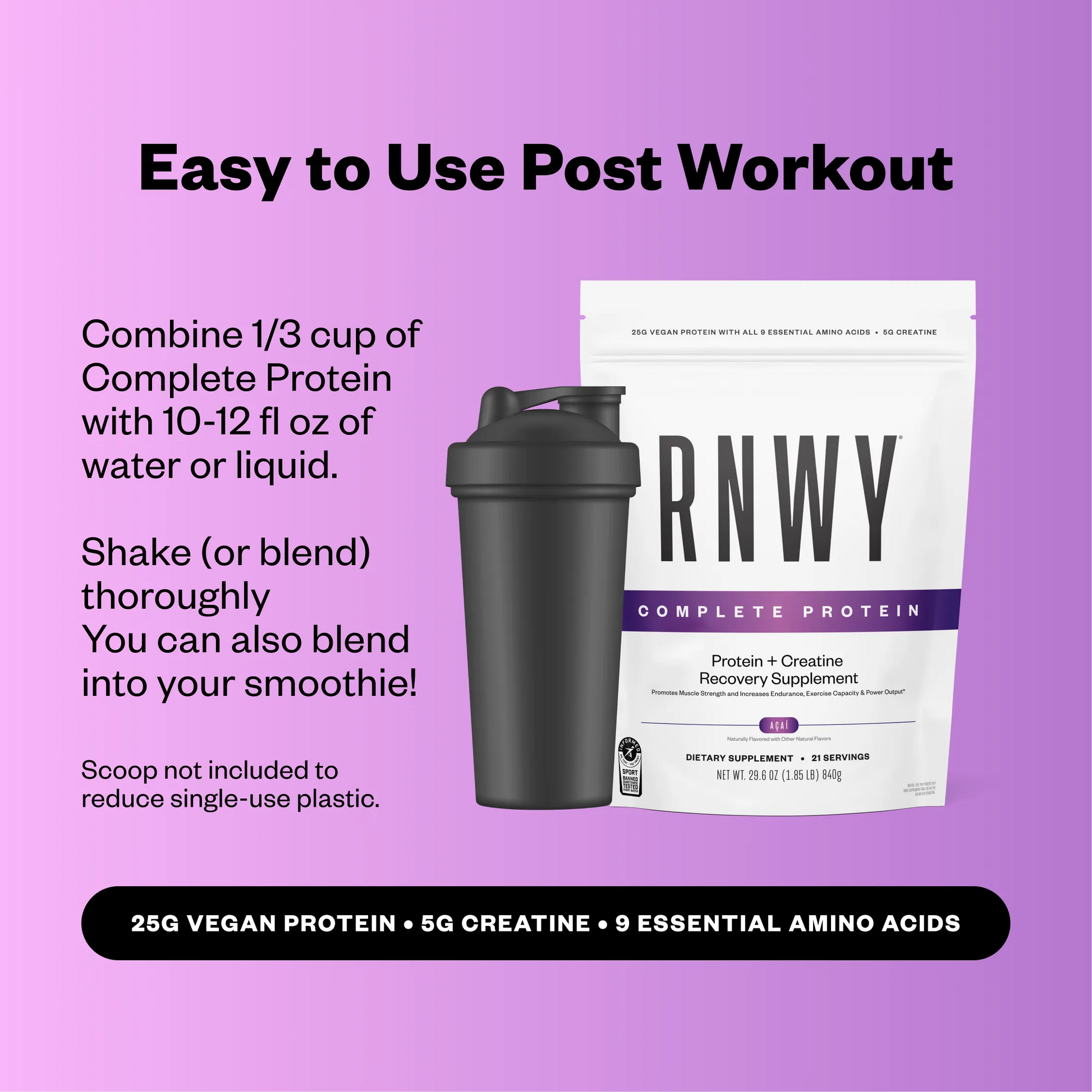 Black shaker bottle next to white pouch of RNWY Complete Protein powder with purple accents on a pink background, showing preparation instructions and supplement facts.