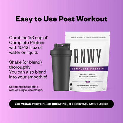 Black shaker bottle next to white pouch of RNWY Complete Protein powder with purple accents on a pink background, showing preparation instructions and supplement facts.