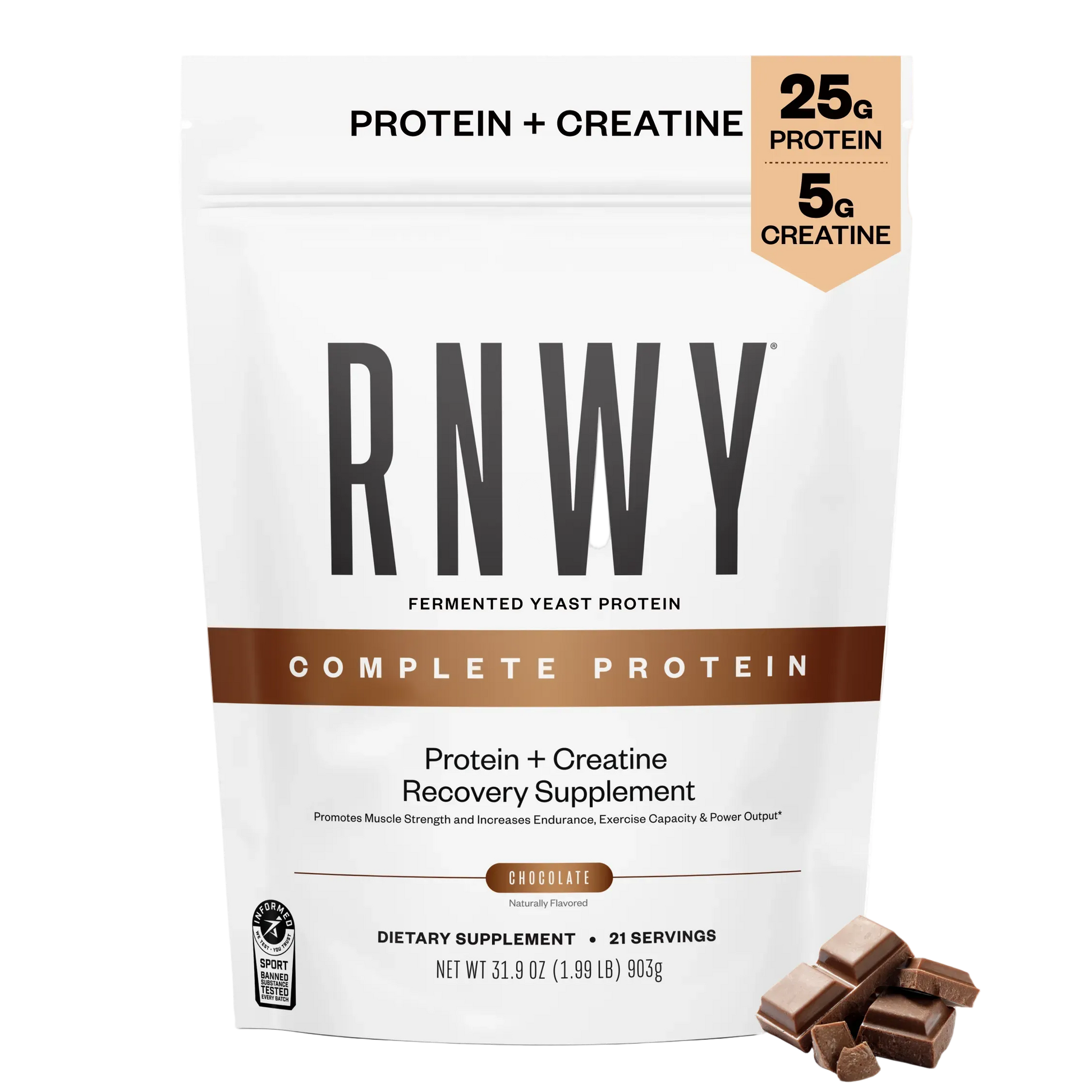 White resealable pouch of RNWY fermented yeast protein powder in chocolate flavor, displaying 25g protein and 5g creatine per serving, with chocolate pieces shown in the lower right corner.