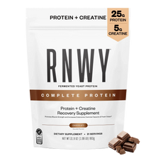 White resealable pouch of RNWY fermented yeast protein powder in chocolate flavor, displaying 25g protein and 5g creatine per serving, with chocolate pieces shown in the lower right corner.
