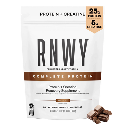White resealable pouch of RNWY fermented yeast protein powder in chocolate flavor, displaying 25g protein and 5g creatine per serving, with chocolate pieces shown in the lower right corner.