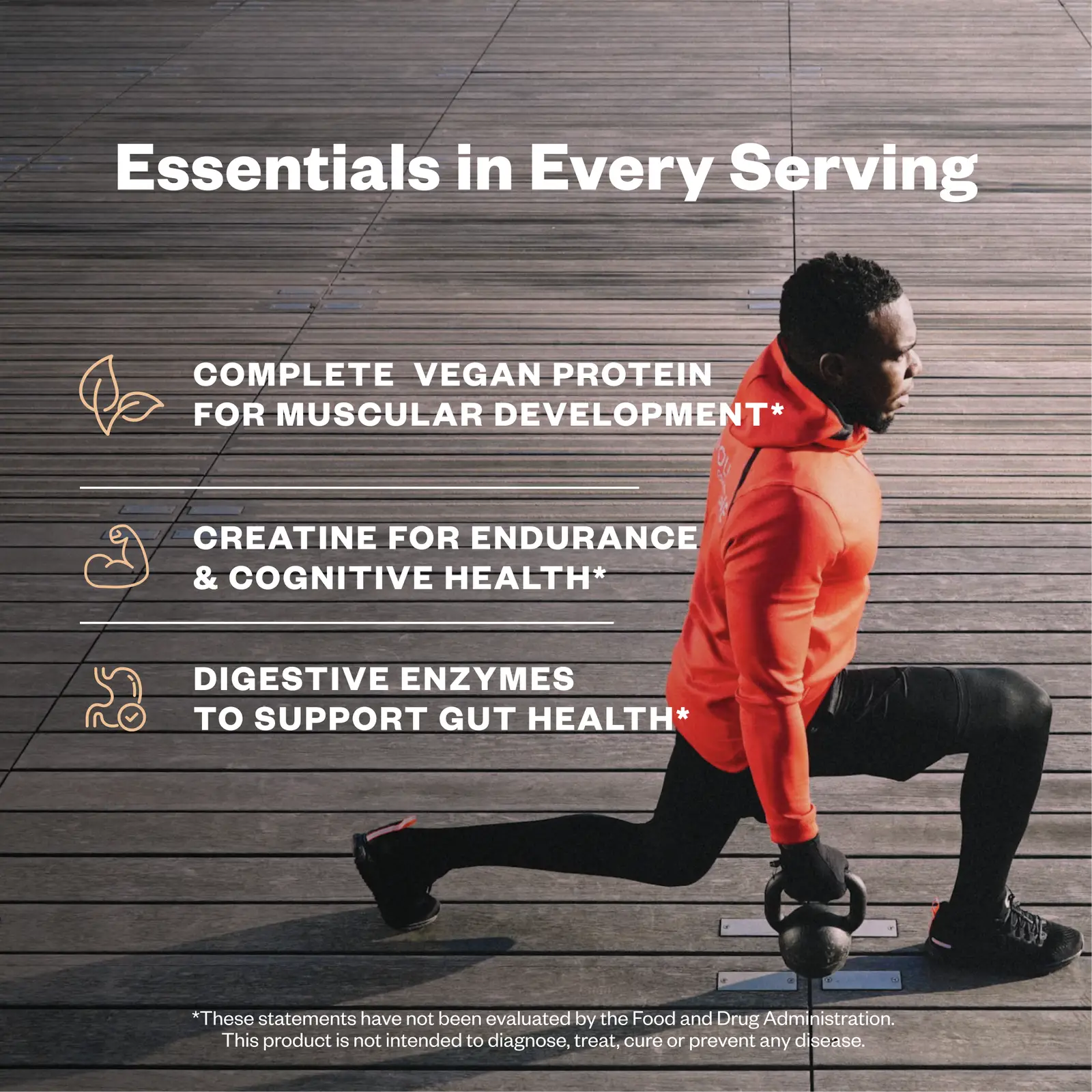 Man performing a lunge with kettlebells on a wooden gym floor, wearing a red jacket and black pants, with text overlay listing product benefits including complete vegan protein, creatine, and digestive enzymes.