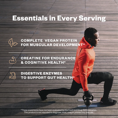 Man performing a lunge with kettlebells on a wooden gym floor, wearing a red jacket and black pants, with text overlay listing product benefits including complete vegan protein, creatine, and digestive enzymes.