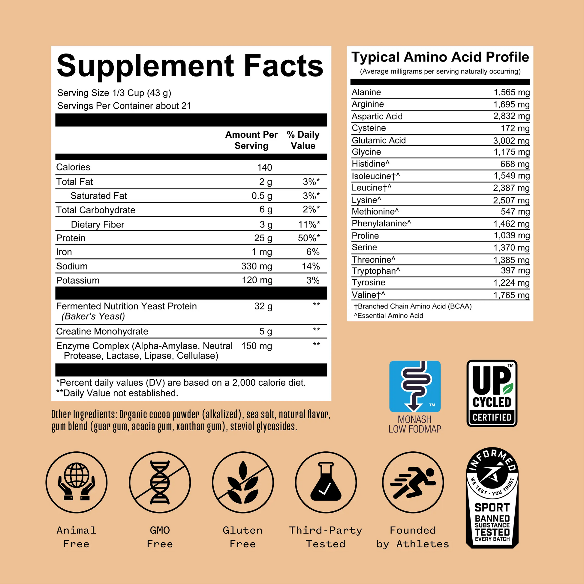 Supplement facts and amino acid profile label for a chocolate protein powder with 25g protein per serving, containing fermented nutrition yeast, creatine monohydrate, and enzyme complex; certified animal-free, GMO-free, gluten-free, third-party te...