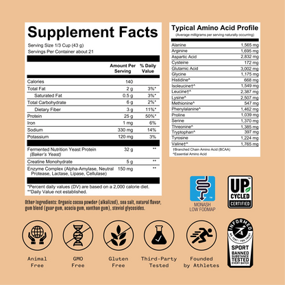 Supplement facts and amino acid profile label for a chocolate protein powder with 25g protein per serving, containing fermented nutrition yeast, creatine monohydrate, and enzyme complex; certified animal-free, GMO-free, gluten-free, third-party te...