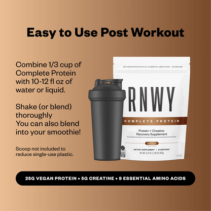 Black shaker bottle next to a white RNWY Complete Protein pouch in chocolate flavor on a tan background, with post-workout mixing instructions displayed.