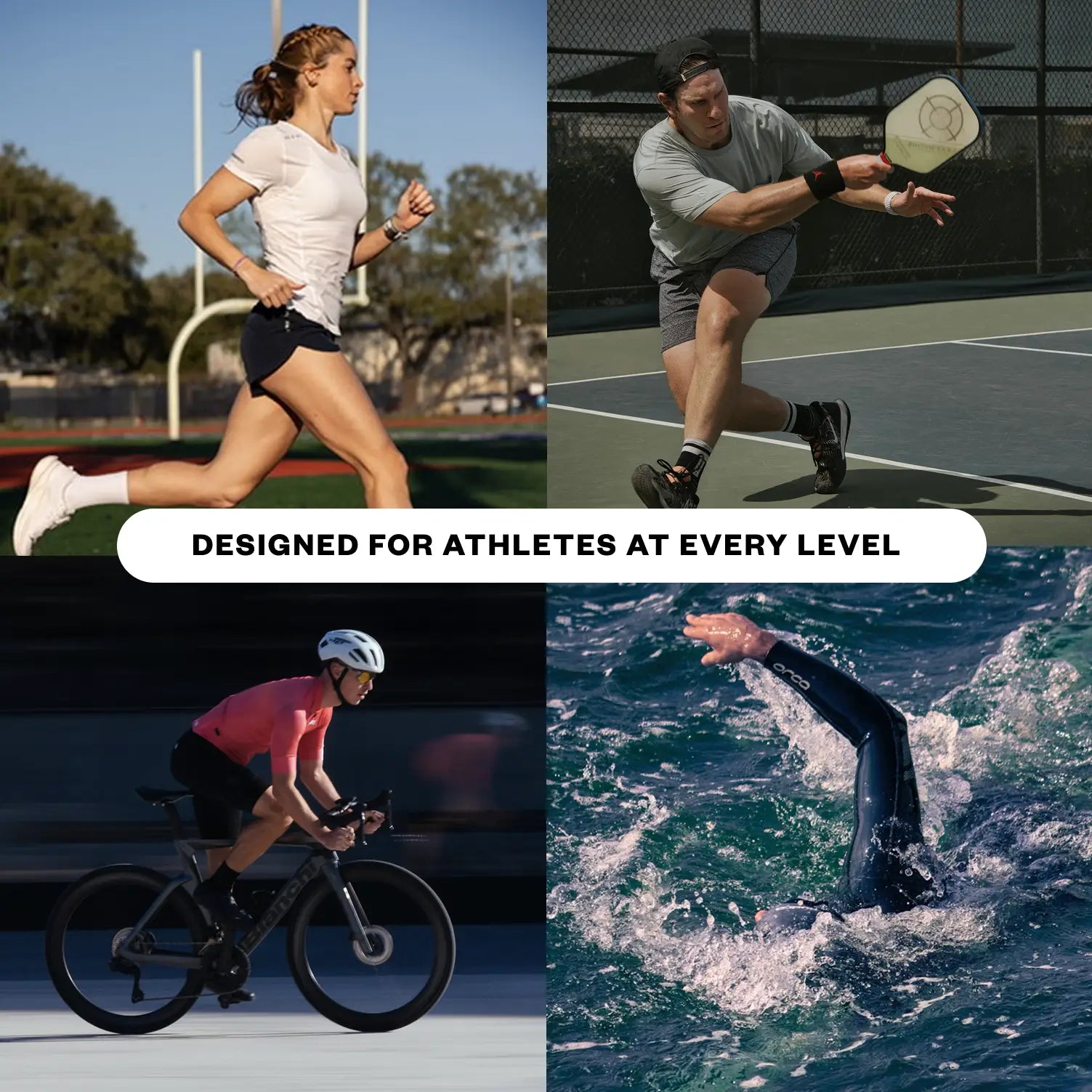 Woman jogging on a track, man playing pickleball, cyclist riding on a court, and swimmer in ocean waves showing athletes in various sports activities.