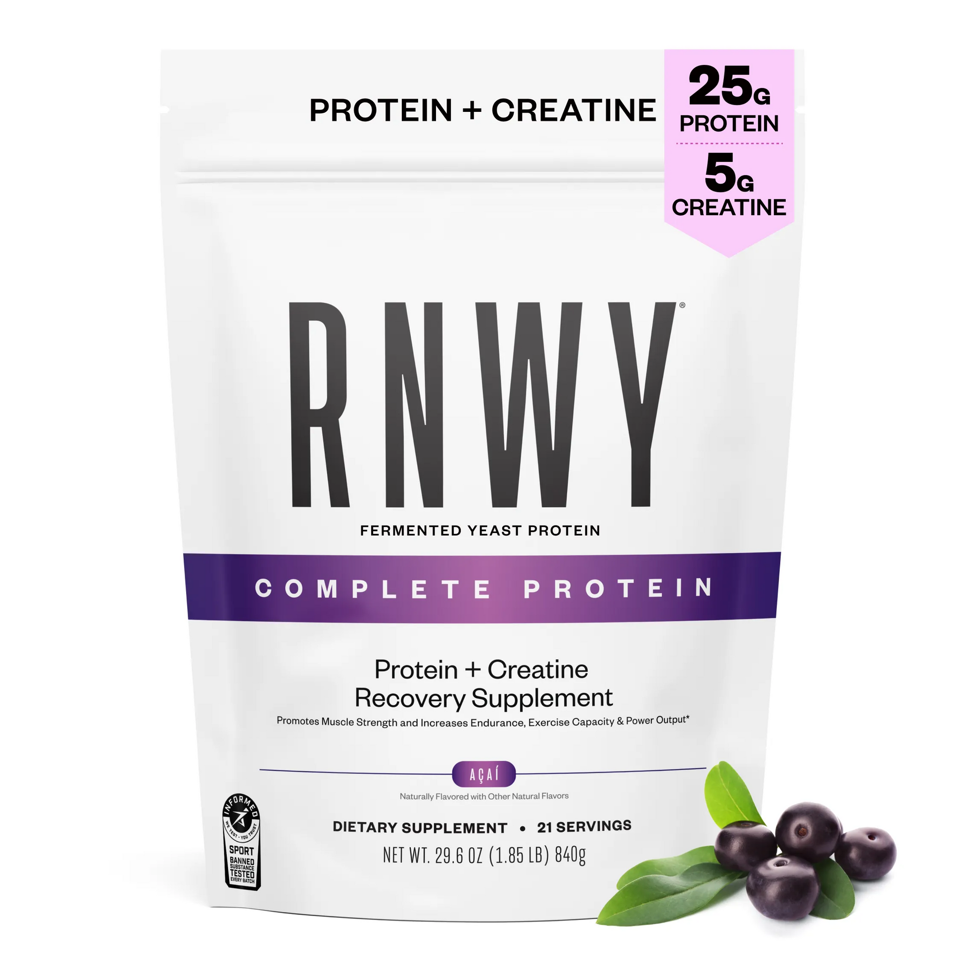White pouch of RNWY fermented yeast protein powder with 25g protein and 5g creatine per serving, acai flavor, displaying nutritional highlights and fresh acai berries with leaves at the bottom.