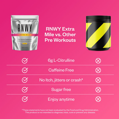 Silver pouch of RNWY Extra Mile pre-workout supplement and black container with yellow stripe displayed side-by-side on bright pink background with comparison chart listing product features and benefits.