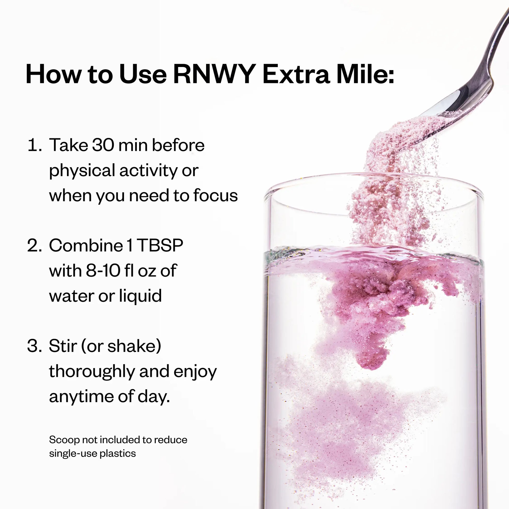 Pink powder supplement being stirred into a clear glass of water with a spoon, creating a light purple drink.