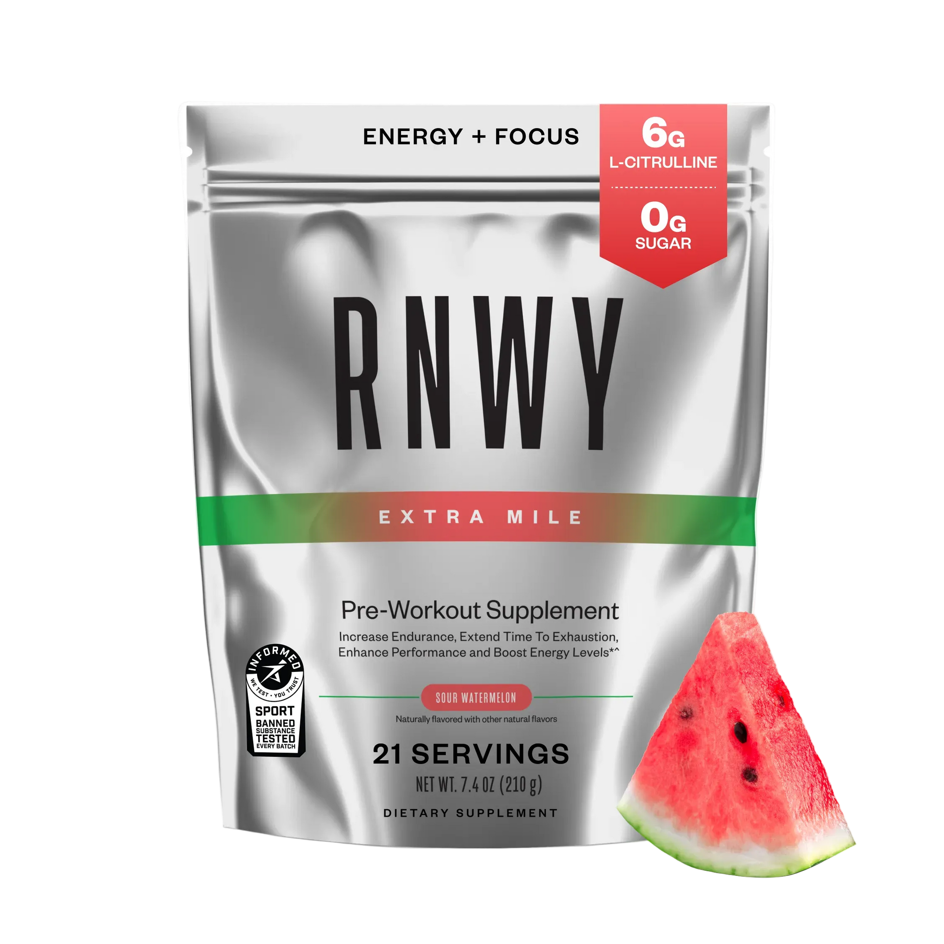 RNWY Extra Mile pre-workout supplement powder in sour watermelon flavor, silver pouch with red and green accent stripe, shown with fresh watermelon slice and nutrition callouts for 6g L-citrulline and 0g sugar.