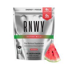 RNWY Extra Mile pre-workout supplement powder in sour watermelon flavor, silver pouch with red and green accent stripe, shown with fresh watermelon slice and nutrition callouts for 6g L-citrulline and 0g sugar.