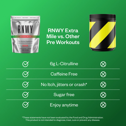 RNWY Extra Mile pre-workout supplement in silver pouch on left compared to black and yellow competitor container on right, displayed against bright green background with feature comparison checklist.