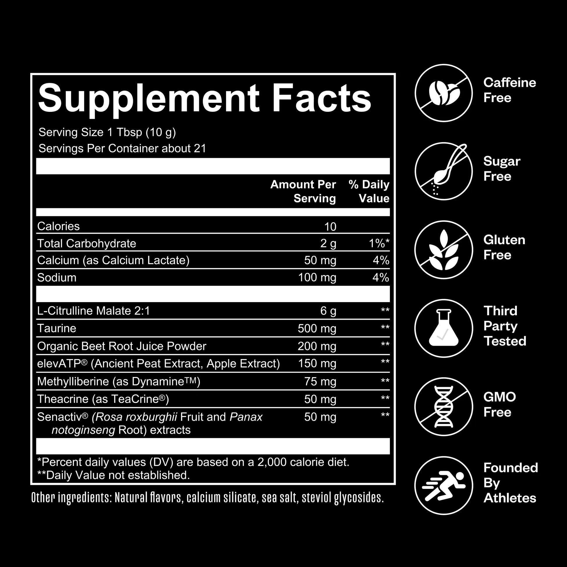 Supplement facts label for a pre-workout powder showing 1 Tbsp serving size with ingredients including L-Citrulline Malate, Taurine, Beet Root Juice Powder, and caffeine-free formulation. Right side displays certification badges for caffeine-free,...