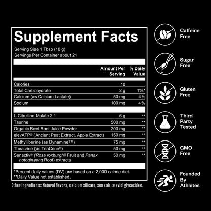 Supplement facts label for a pre-workout powder showing 1 Tbsp serving size with ingredients including L-Citrulline Malate, Taurine, Beet Root Juice Powder, and caffeine-free formulation. Right side displays certification badges for caffeine-free,...