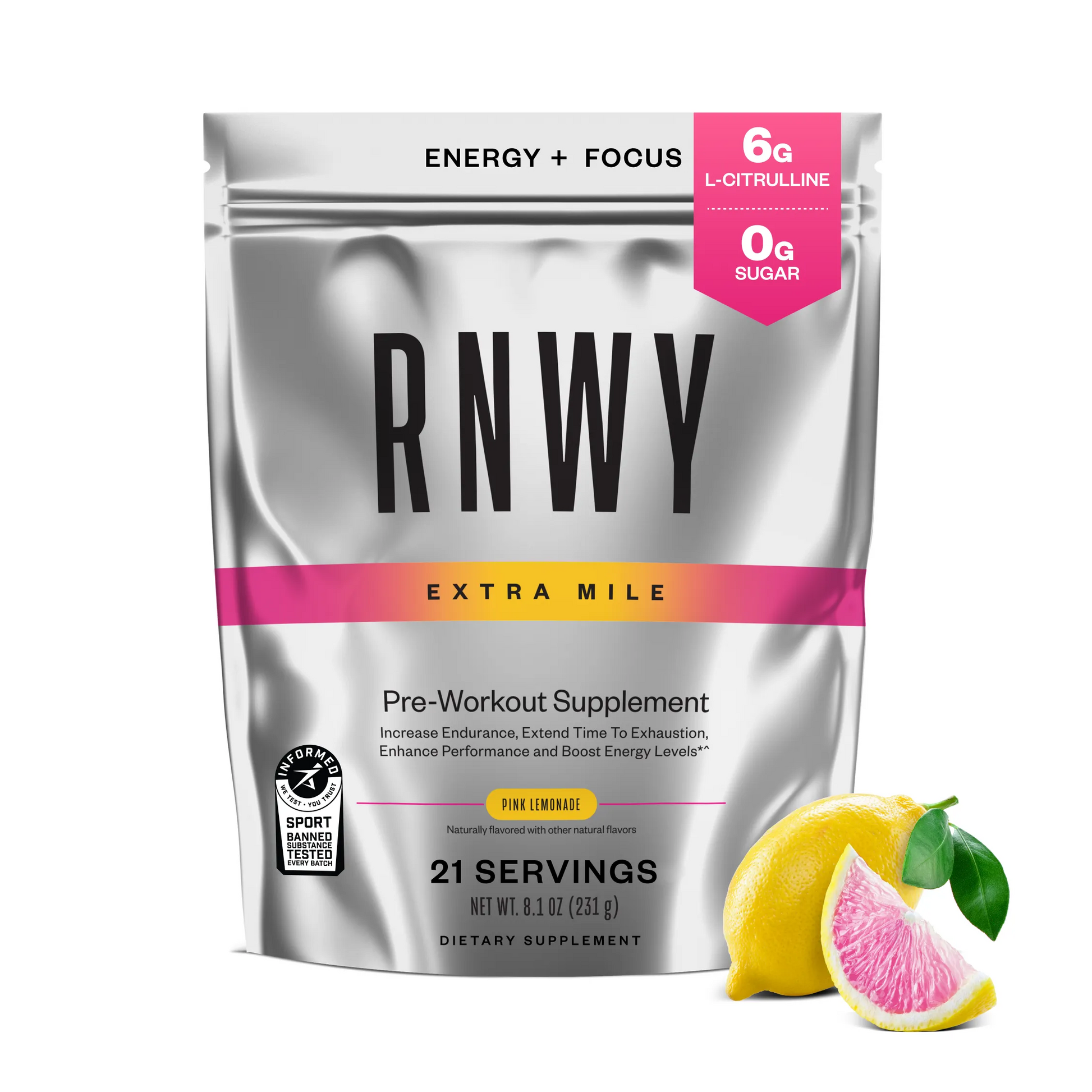 Silver resealable pouch of RNWY Extra Mile pre-workout supplement in pink lemonade flavor, labeled with 6g L-citrulline, 0g sugar, 21 servings, and featuring a pink and yellow accent band with a fresh lemon and grapefruit slice displayed beside it.