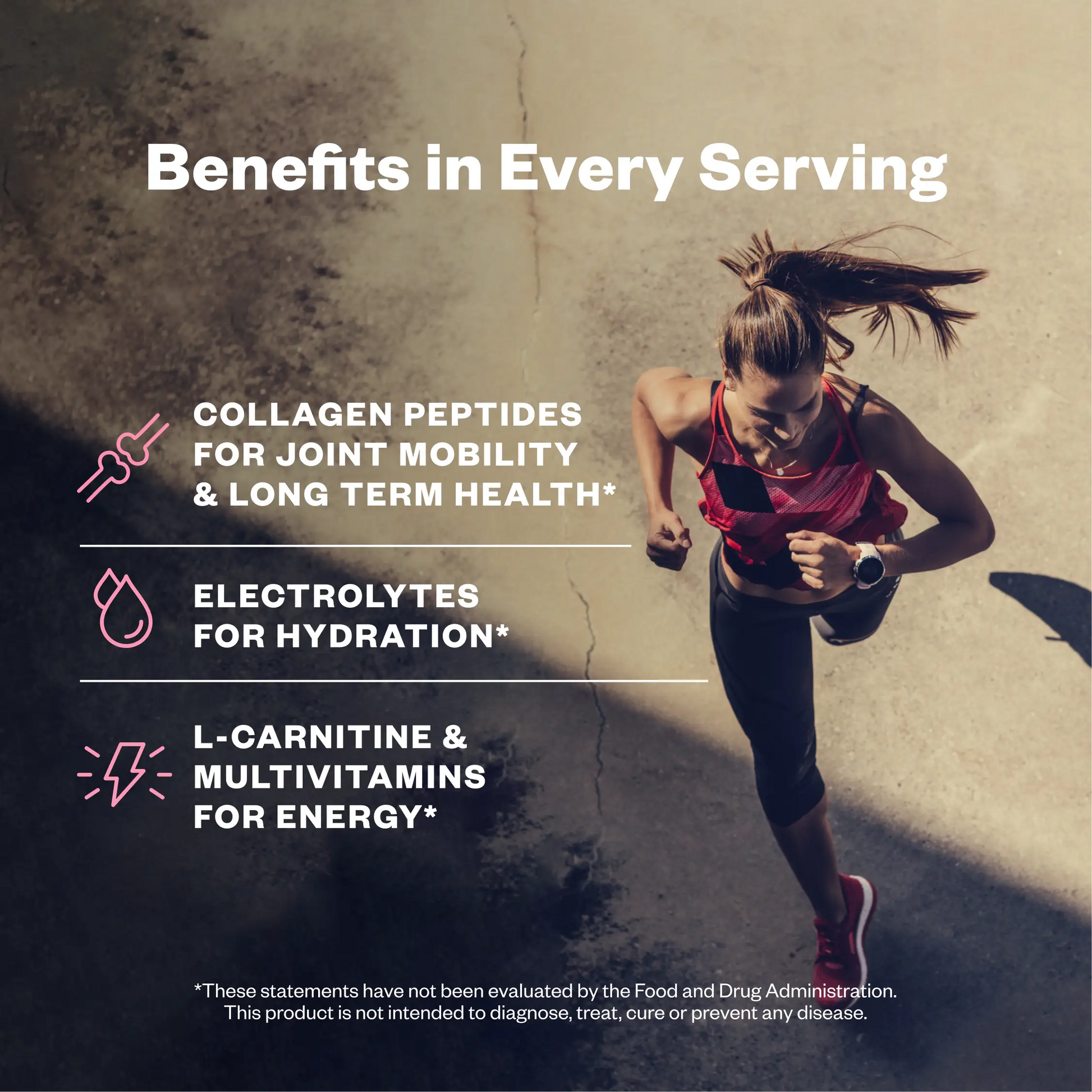 Woman running outdoors in a red sports bra and black leggings on a concrete surface, with text overlay listing product benefits including collagen peptides, electrolytes, and L-carnitine with multivitamins.