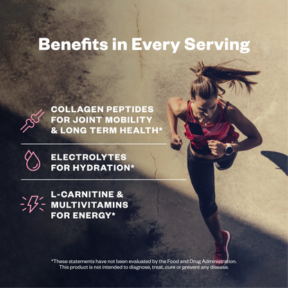 Woman running outdoors in a red sports bra and black leggings on a concrete surface, with text overlay listing product benefits including collagen peptides, electrolytes, and L-carnitine with multivitamins.