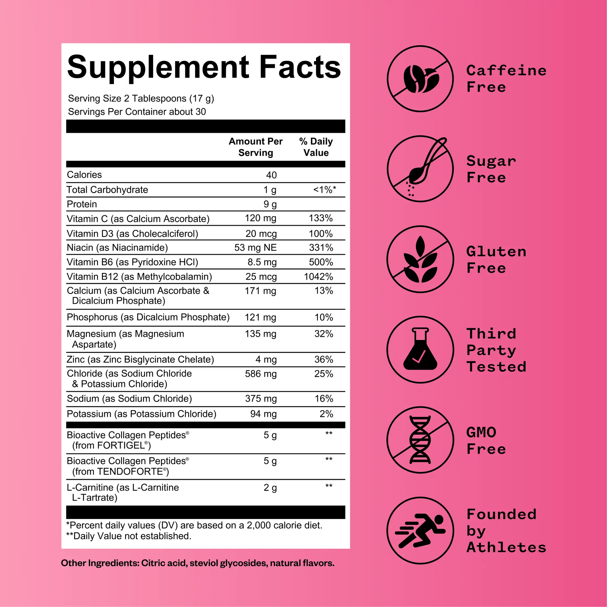Supplement facts label on white background showing serving size, nutritional information including 9g protein and bioactive collagen peptides, against pink background with attribute badges for caffeine free, sugar free, gluten free, third party te...