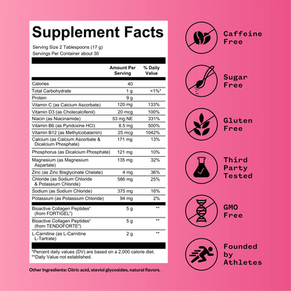 Supplement facts label on white background showing serving size, nutritional information including 9g protein and bioactive collagen peptides, against pink background with attribute badges for caffeine free, sugar free, gluten free, third party te...