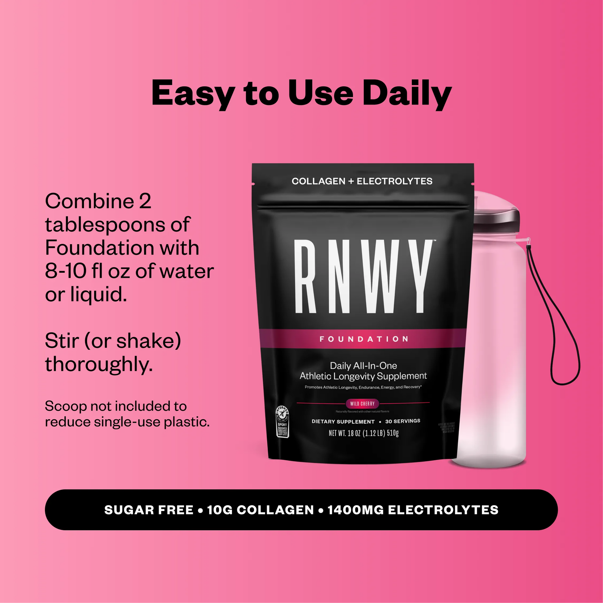 Black pouch of RNWY Foundation collagen and electrolytes supplement next to a pink shaker bottle on a bright pink background, with usage instructions and product details displayed.